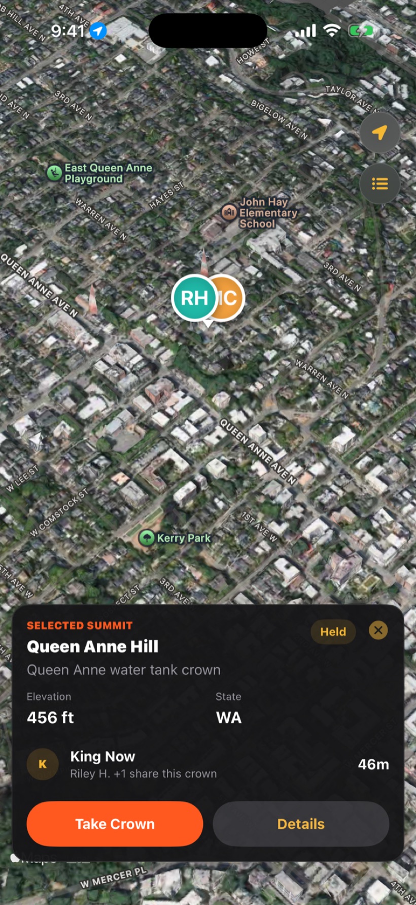 KOTH app showing Queen Anne Hill on a satellite map with the current king Riley H., elevation 456 ft, and a Take Crown button.